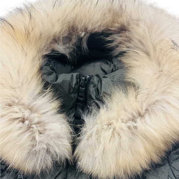 SAM.***Long Olive Green Belt Puffer Jacket Hooded w/Fur Trim***Size 10 $495 EUC - Picture 8 of 9